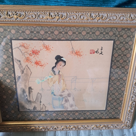 Antique Original Chinese Iridescent Hand Painted Geisha Art Piece on Silk #2 - Picture 10 of 11